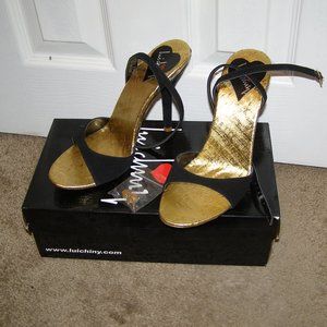 New In Box Sexy Suede Black & Gold Luichiny Heels size 8